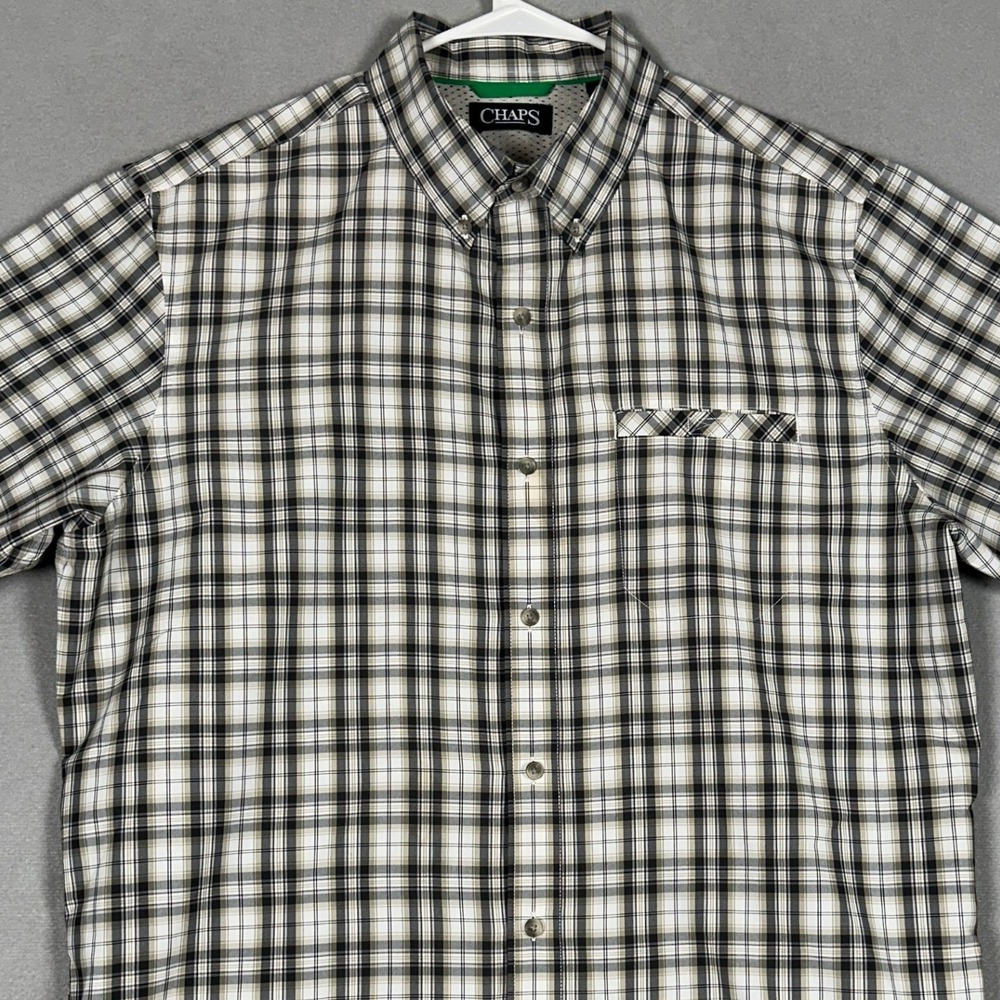 Chaps Shirt Mens Large Black Tan Plaid Button Down Short Sleeve Casual Pocket